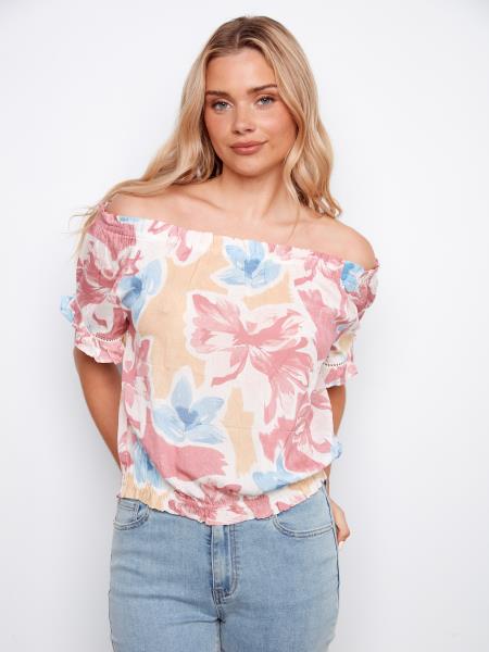PRINTED SHORT SLEEVE OFF SHOULDER BLOUSE - FLOWERY