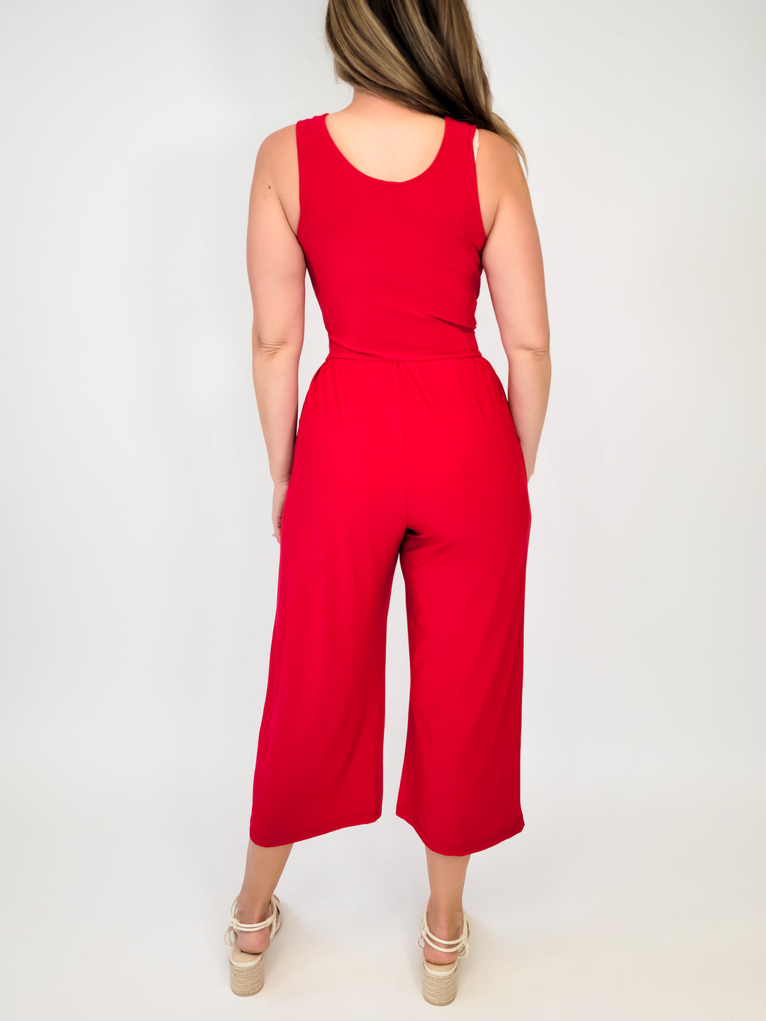 FAUX WRAP CROPPED JUMPSUIT - RED