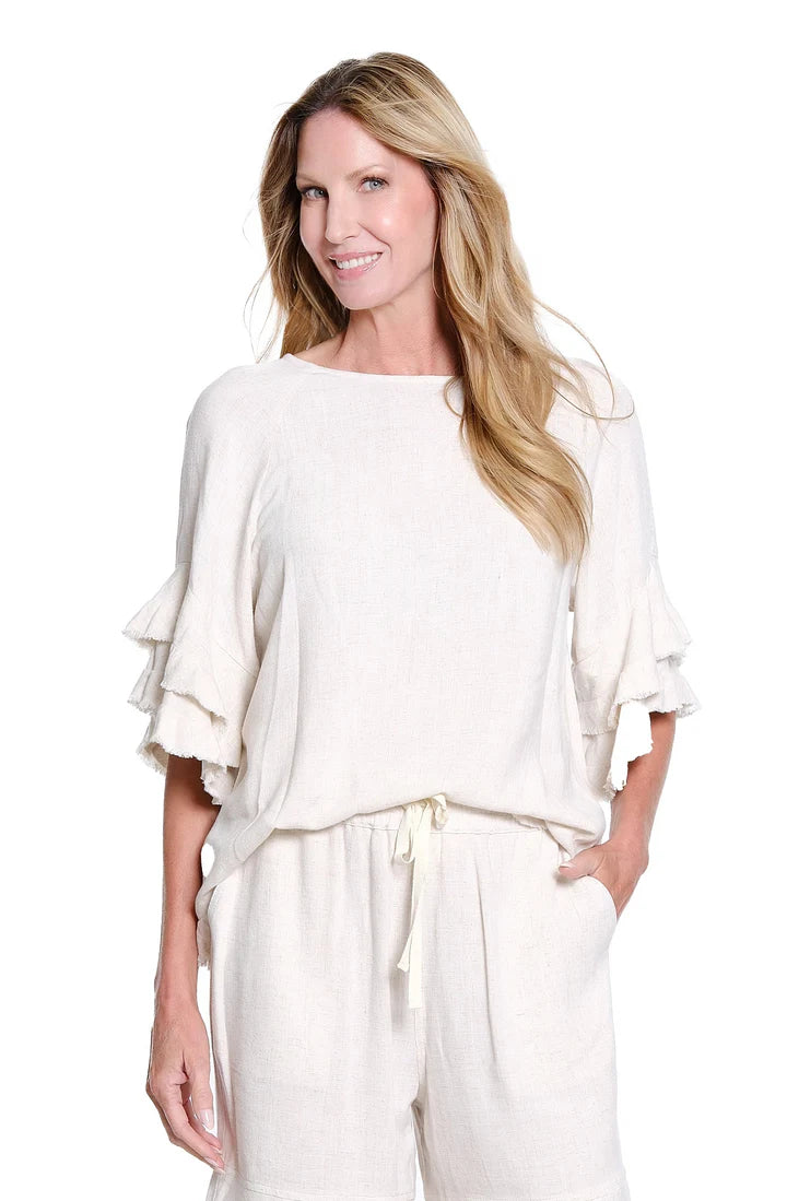 DOUBLE FLOUNCE RAGLAN ELBOW SLEEVE FRINGE HEM TOP - FLAX
