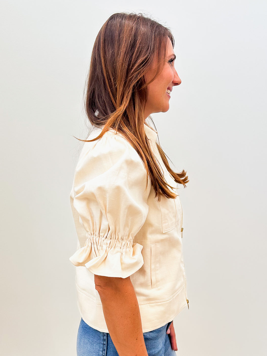 SELINE PUFF SLEEVE COLLARED ZIPPER FRONT JACKET - CREAM