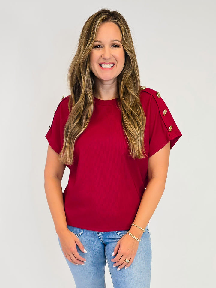 BUTTON ACCENT CREW NECK SHIRT - CHERRY