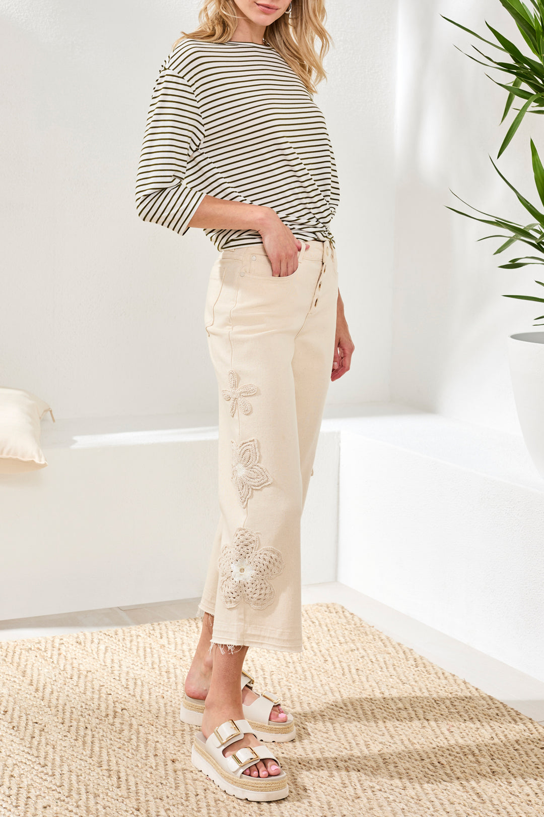 AUDREY BUTTON FLY WIDE CROP W/CROCHET PANTS - ECRU