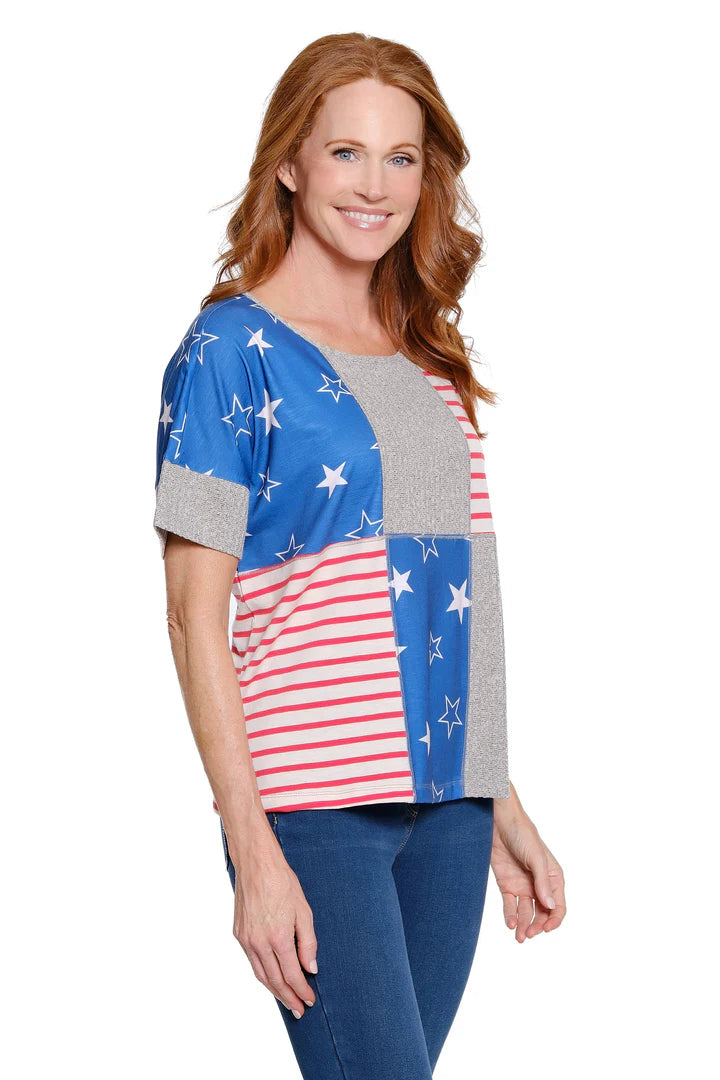 DOLMAN SHORT SLEEVE SCOOP NECK TOP - STARS/STRIPE BLOCKED RWB