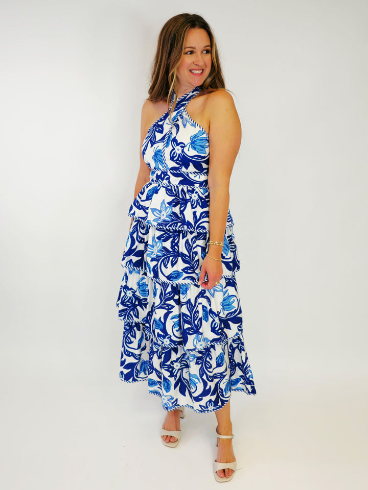 TIE HALTER MIDI DRESS - BLUE