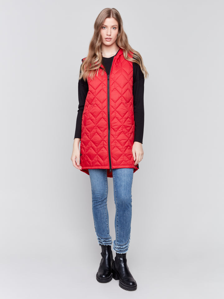 LONG QUILTED HOODED PUFFER VEST - CRANBERRY