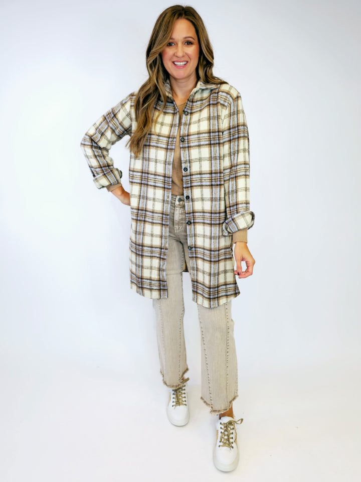 LONG SLEEVE DUSTER FLANNEL SHACKET  - CREAM