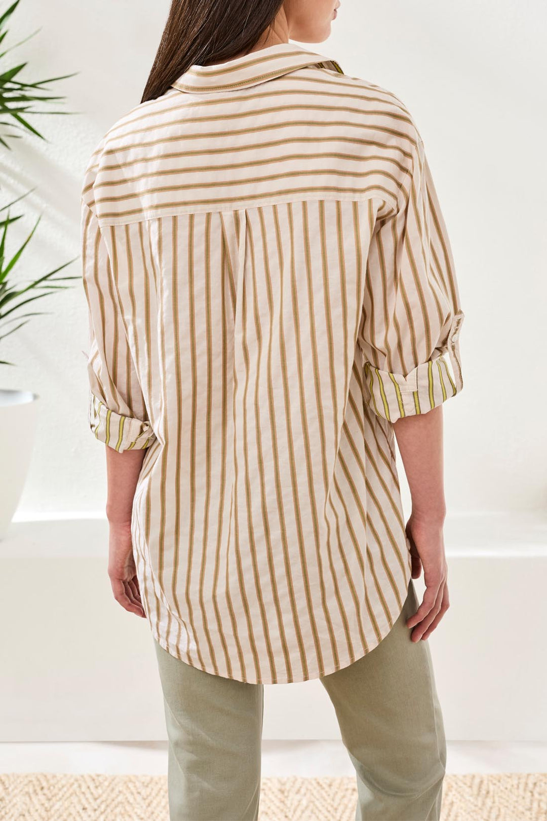 POPLIN DOUBLE STRIPE BUTTON FRONT SHIRT - RAIN FOREST
