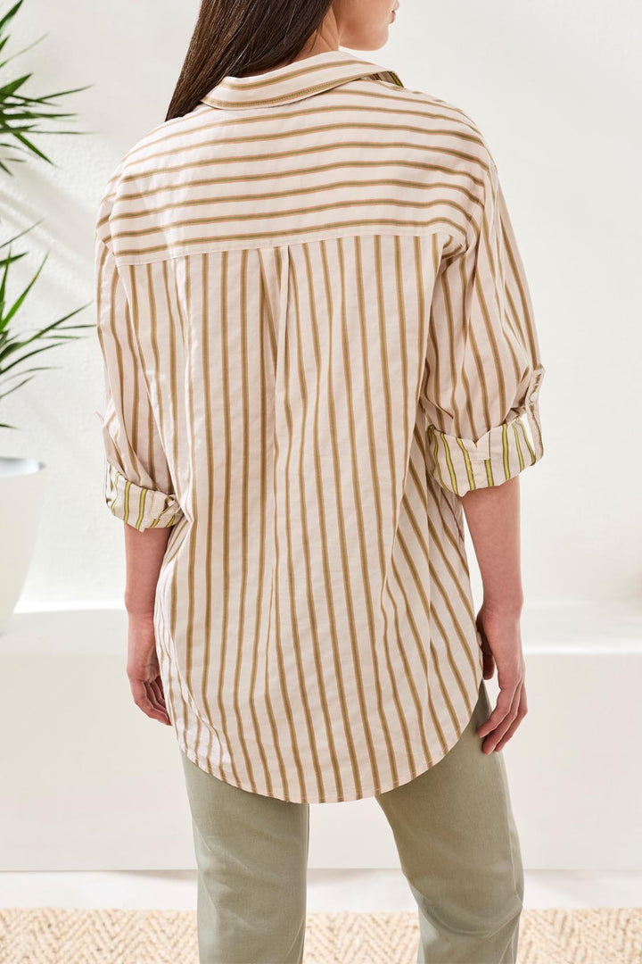 POPLIN DOUBLE STRIPE BUTTON FRONT SHIRT - RAIN FOREST