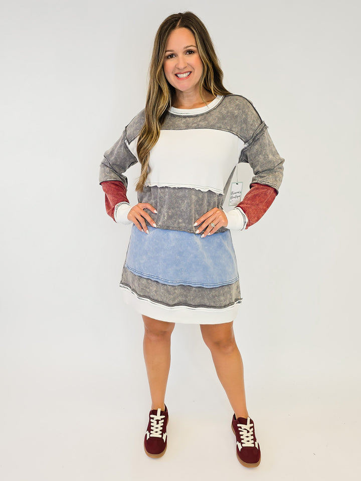 COLOR BLOCK LONG SWEATSHIRT DRESS- CHARCOAL MIX