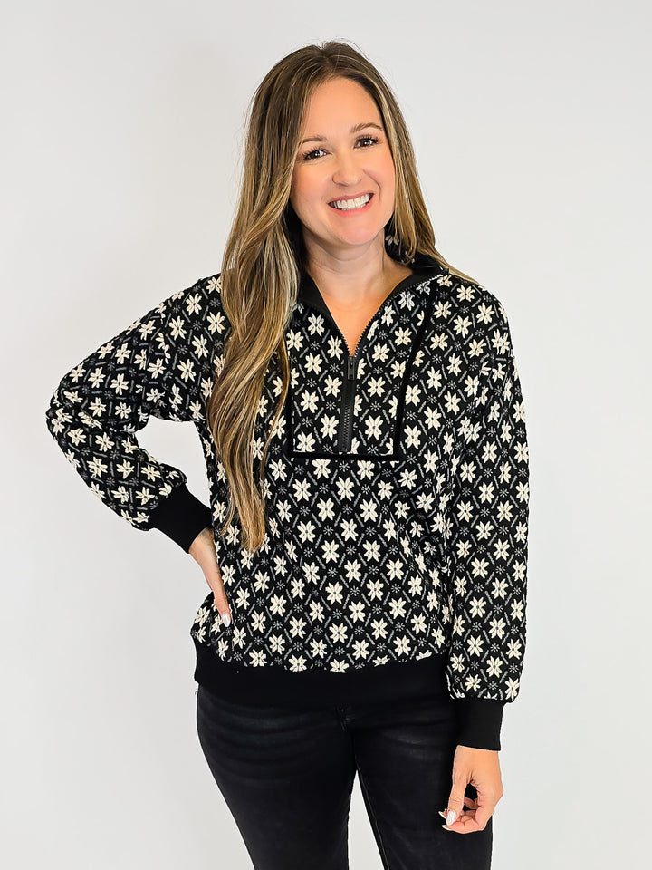 TEXTURED KNIT JACQUARD HALF ZIP UP TOP - BLACK