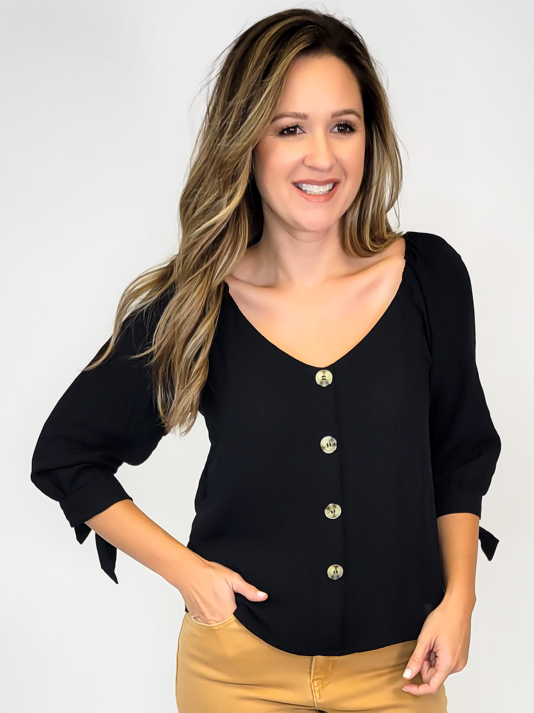 BUTTON FRONT TIE SLEEVE TOP - BLACK