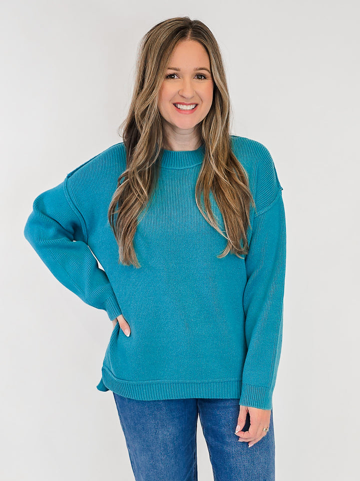 SOLID LONG SLEEVE KNIT PULLOVER SWEATER - TEAL