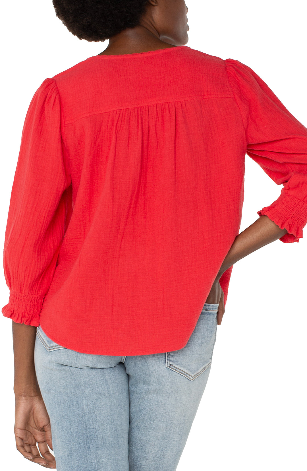 3/4 SLEEVE EMBROIDERED WOVEN BLOUSE - GERANIUM