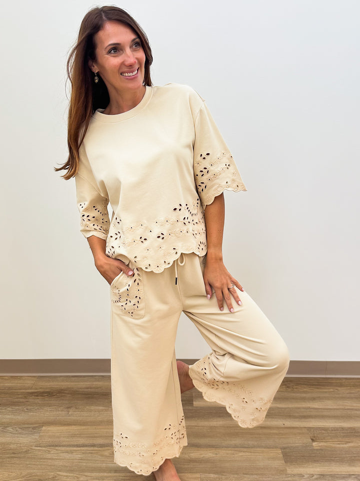 WIDE HALF SLEEVE EMBROIDERED COTTON TOP - NATURAL