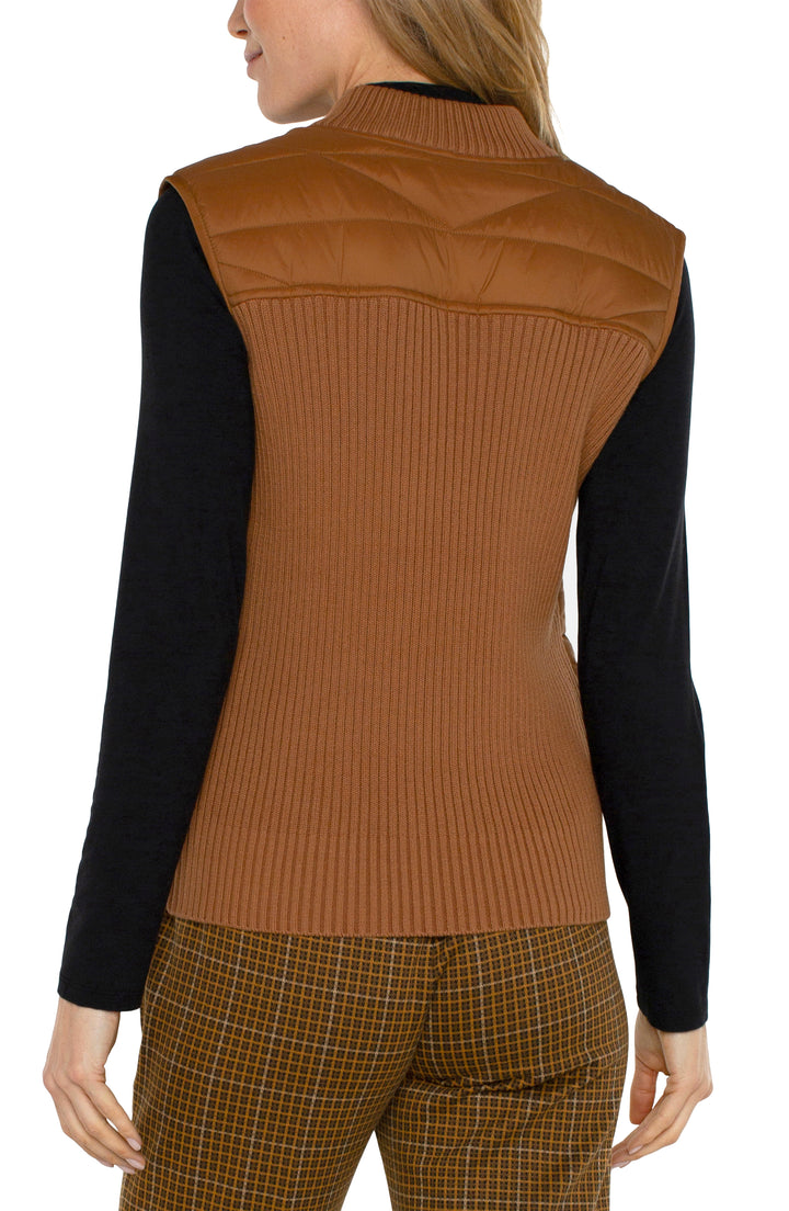 SLEEVELESS QUILTED FRONT FULL ZIP SWEATER VEST - TUMERIC