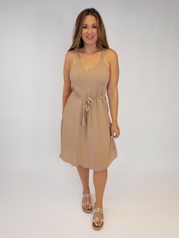 SOLID TANK SHORT DRESS W/TIE - BEIGE