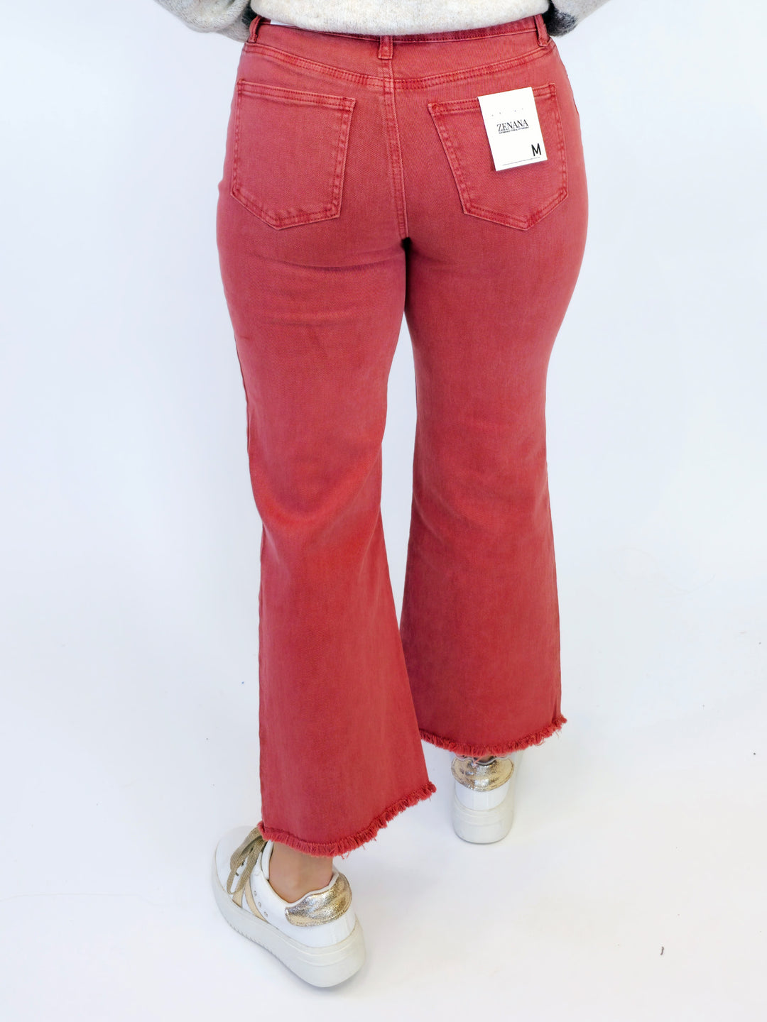 ACID WASHED HIGH WAIST FRAYED HEM BOOTCUT PANTS - CABERNET