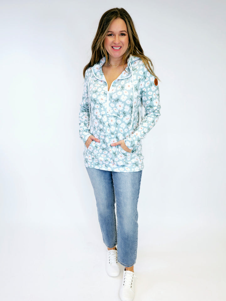 HALF ZIP FLORAL HOODIE - GREEN