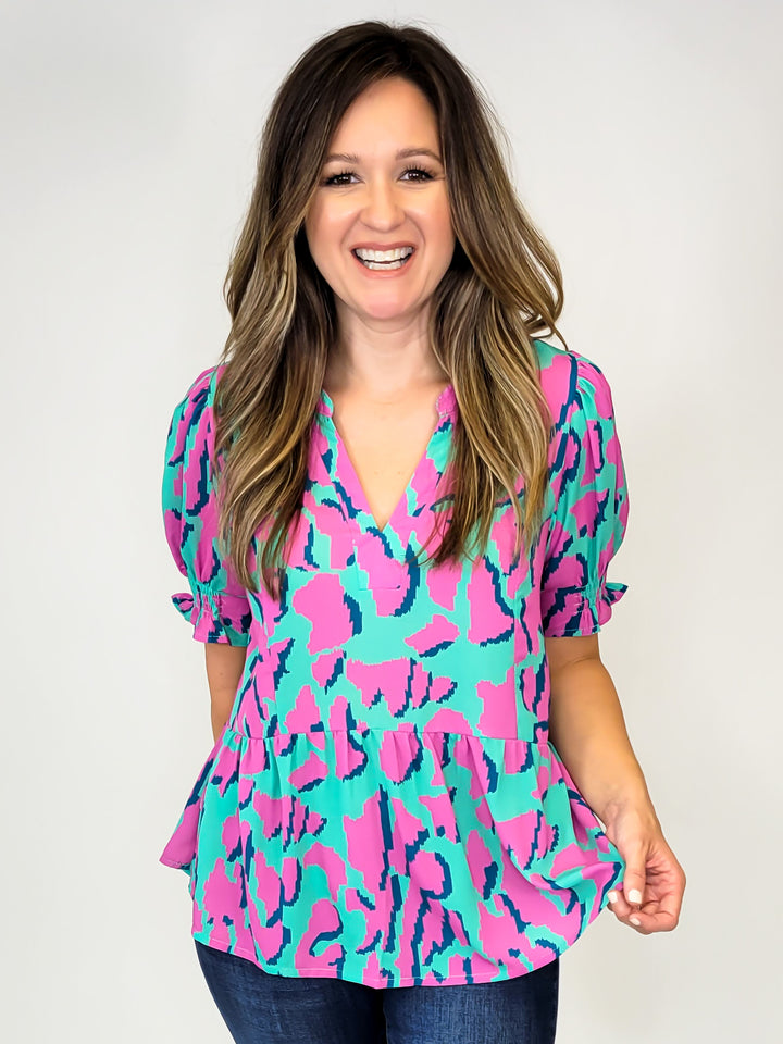 MULTI COLOR LEOPARD PRINT NOTCHED NECK TOP - EMERALD GREEN