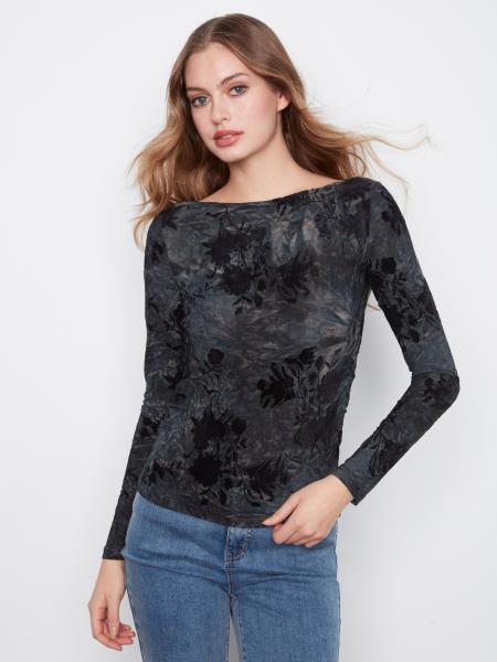 LONG SLEEVE FLOCKED JERSEY BOAT NECK TOP WITH RUCHING AT SIDES - MIDNIGHT