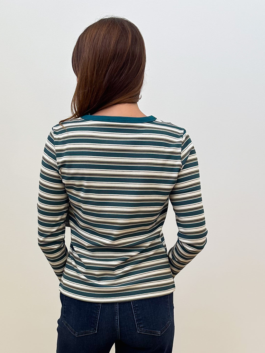 LONG SLEEVE BASIC MULTI RIB STRIPED TOP - JADE/IVORY