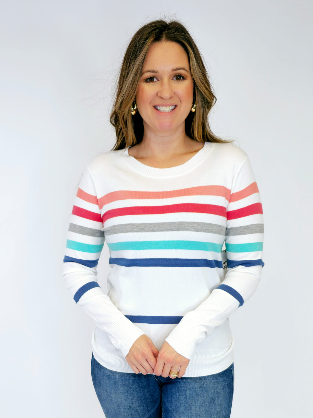 LONG SLEEVE MULTI STRIPED SWEATER - CORAL/JADE