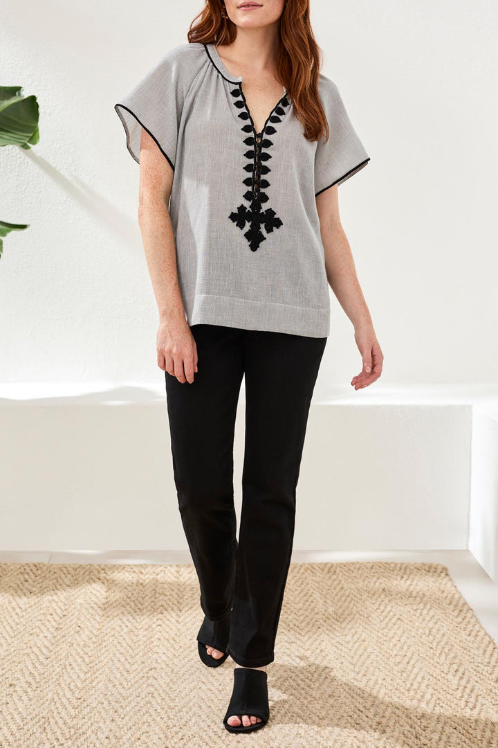 SHORT SLEEVE BLOUSE W/TAPE DETAIL - BLACK