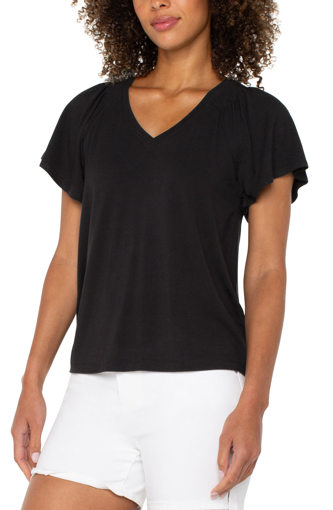 SHORT FLUTTER SLEEVE V-NECK KNIT TOP - BLACK