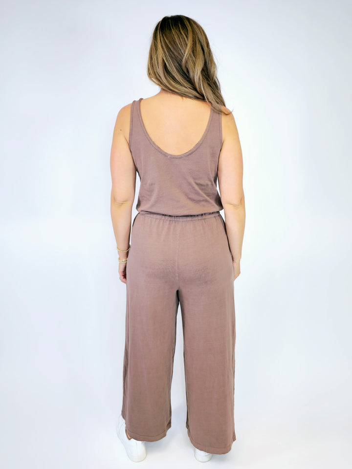 COTTON TANK JUMPSUIT W/WIDE LEGS - MOCHA