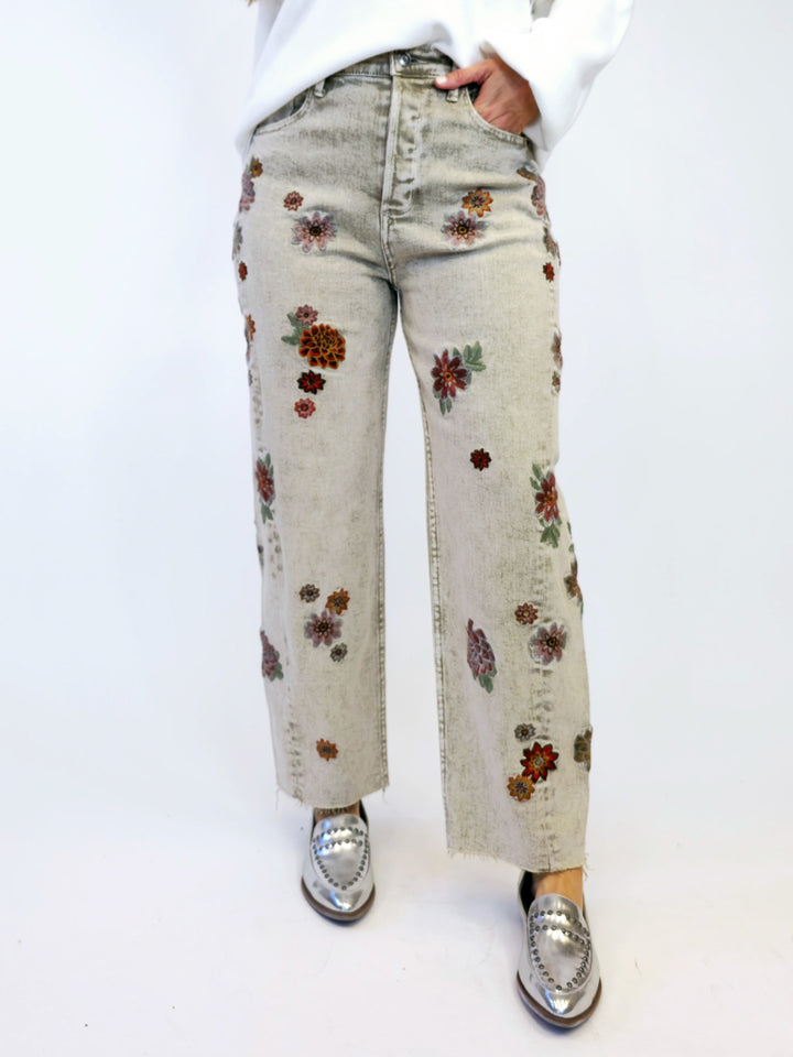 FLORAL EMBROIDERED JEANS - WARM GREY