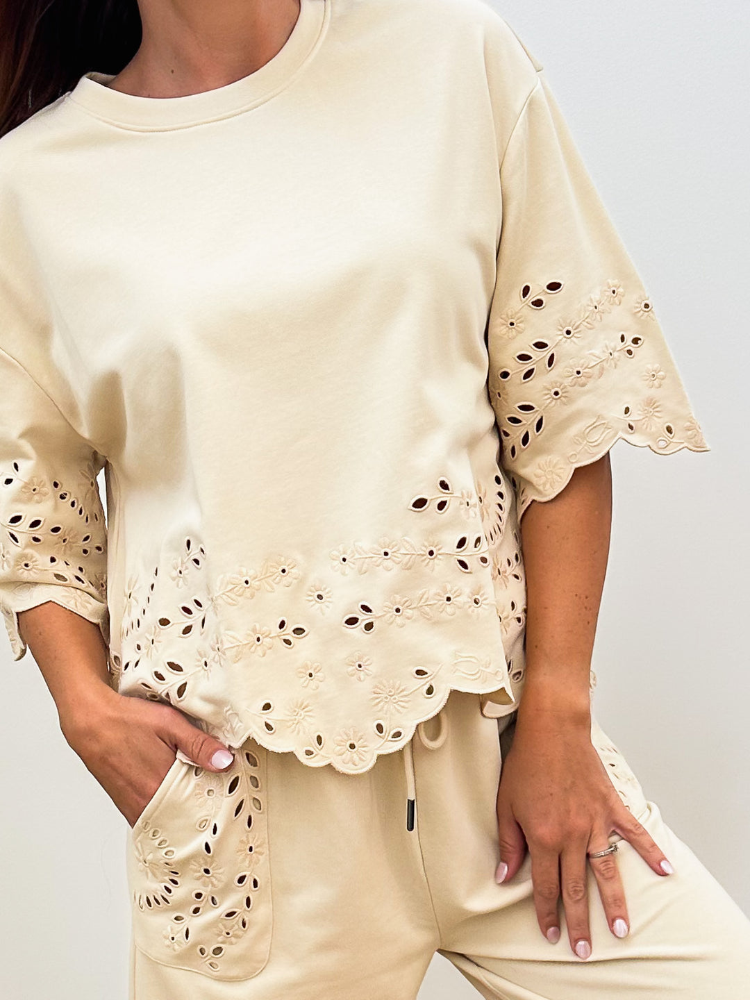 WIDE HALF SLEEVE EMBROIDERED COTTON TOP - NATURAL