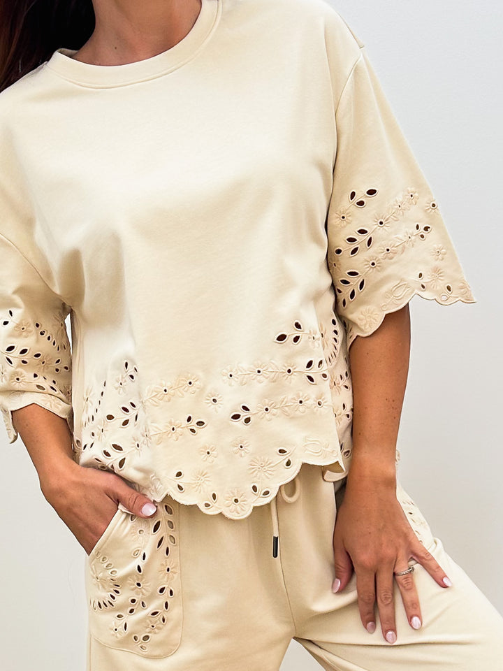 WIDE HALF SLEEVE EMBROIDERED COTTON TOP - NATURAL