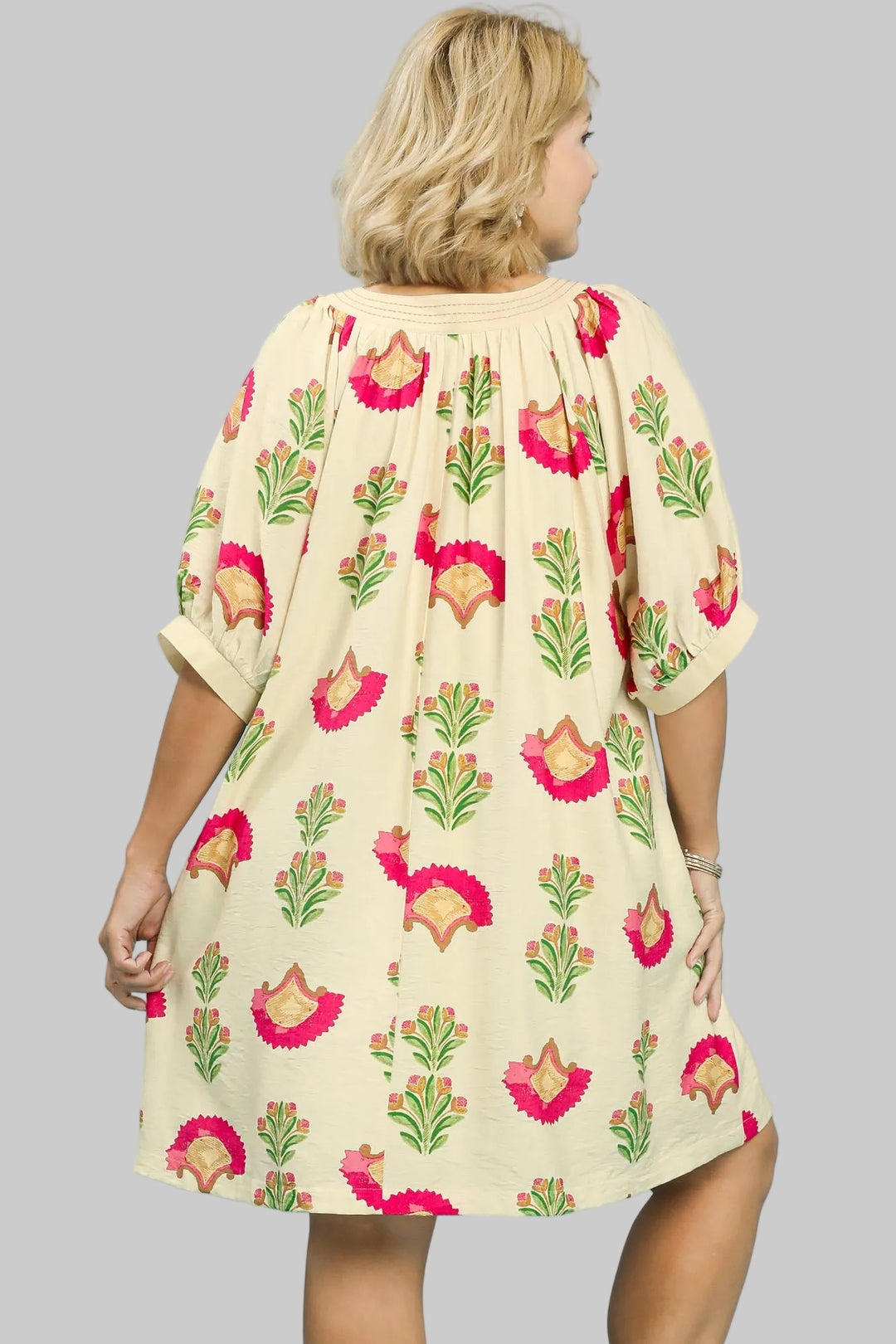 PUFF SLEEVE ABSTRACT PRINT SHORT DRESS - CREAM