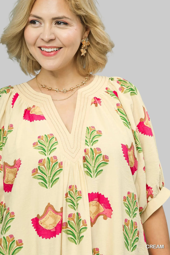 PUFF SLEEVE ABSTRACT PRINT SHORT DRESS - CREAM