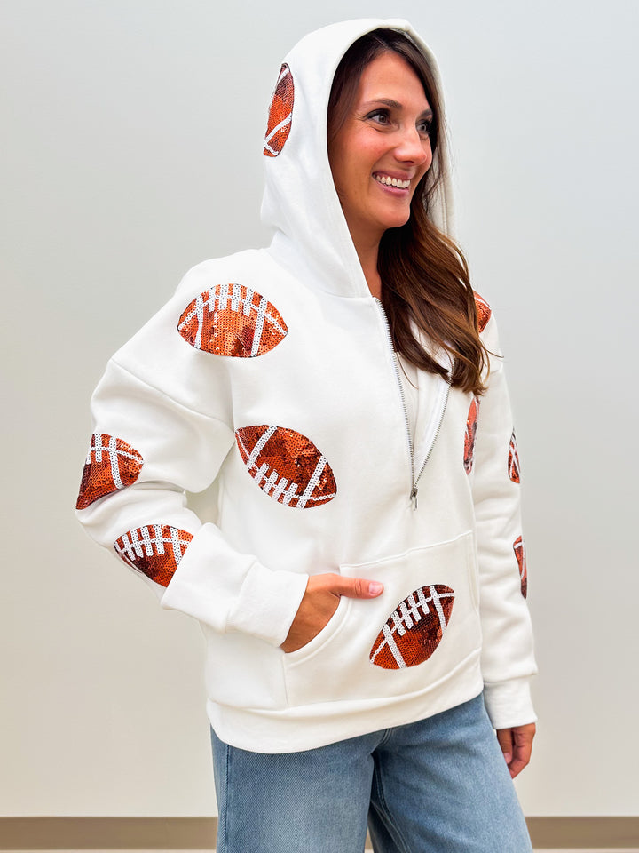 Game Day Sequin Half-Zip Hoodie - White