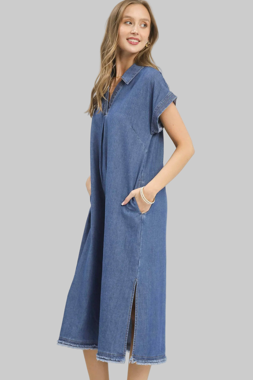 STONE WASHED COLLARED DENIM MIDI DRESS - DENIM