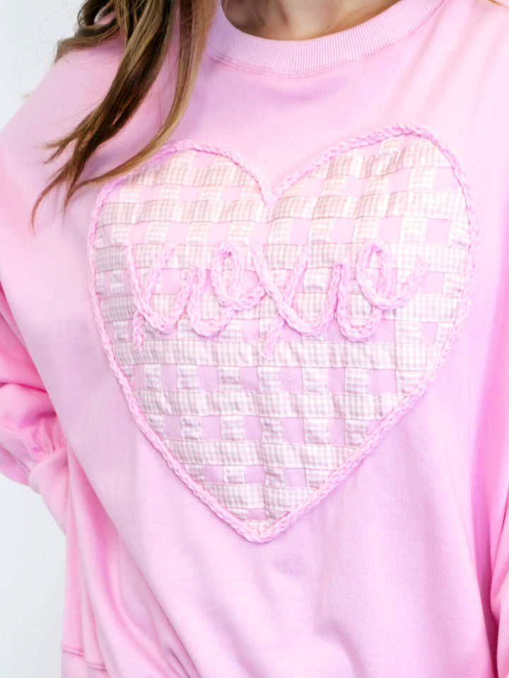 HEART GINGHAM & XOXO OVERSIZED SWEATSHIRT - LIGHT PINK