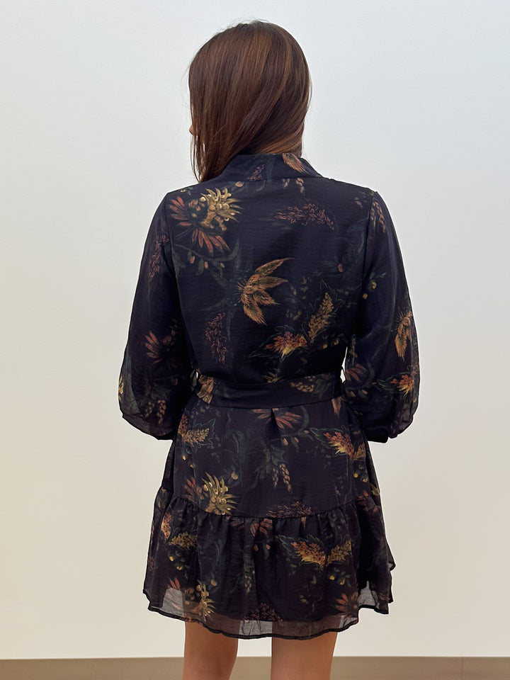 3/4 BALLOON SLEEVE FLORAL SHORT DRESS W/BELT - CHOCOLATE CAMEL