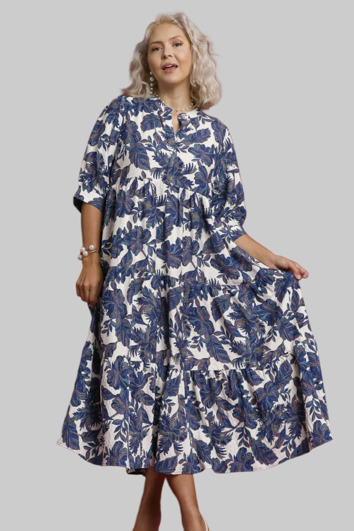 BOHO LEAF PRINT TIERED MIDI DRESS - NAVY MIX