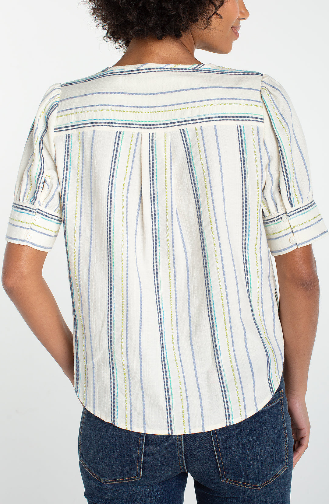 SHORT SLEEVE POPOVER WOVEN TOP - CREAM/BLUE MIST