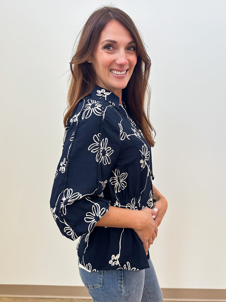 3/4 BALLOON SLEEVE FLORAL LINE PRINT BLOUSE - MIDNIGHT