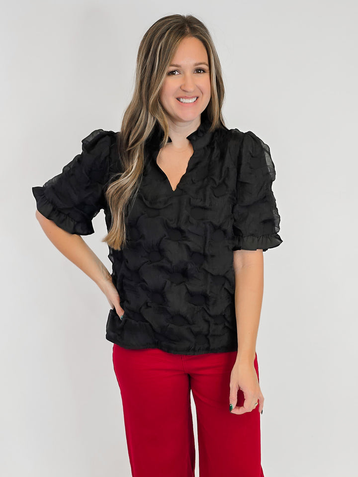 SATIN RUFFLED DETAIL DOTTED TEXTURED TOP - BLACK