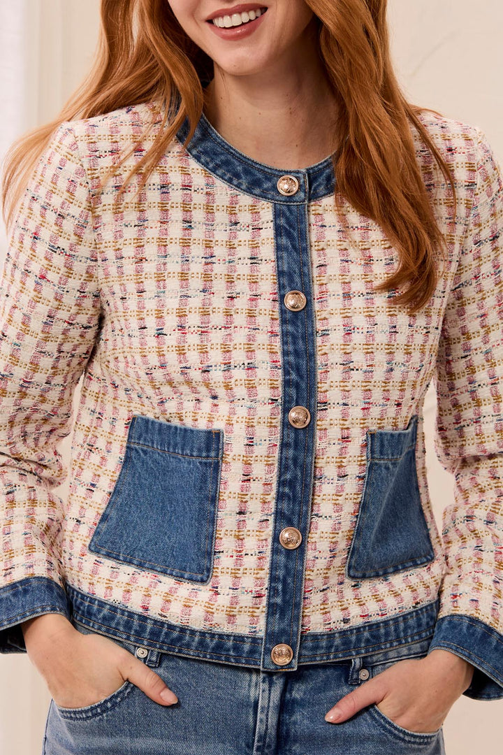 LONG SLEEVE MIX MEDIA TWEED/DENIM JACKET WITH FANCY SNAPS - NOSTALGIA