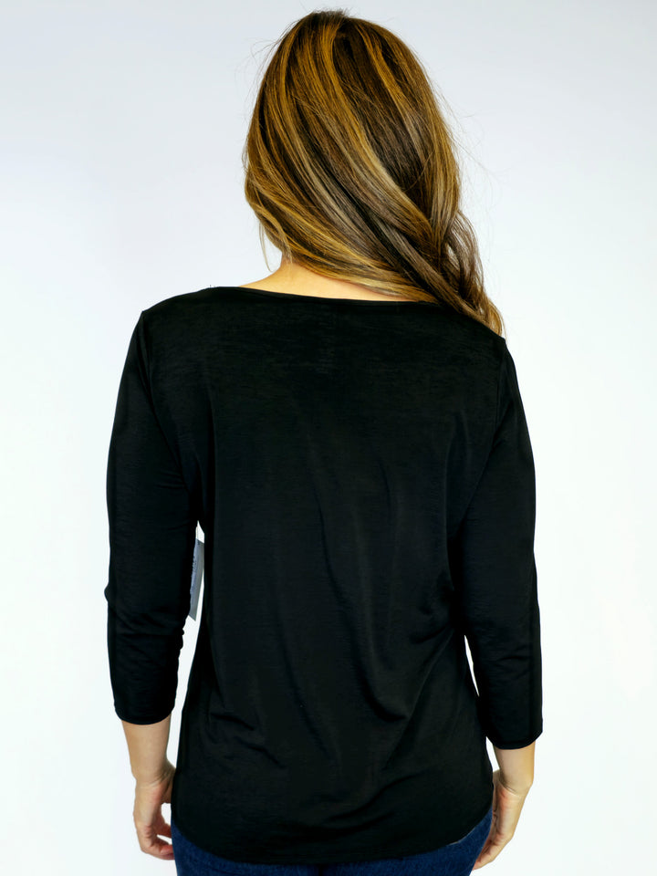 DEAR SCARLETT STRETCHY V-NECK 3/4 SLEEVE TOP - BLACK