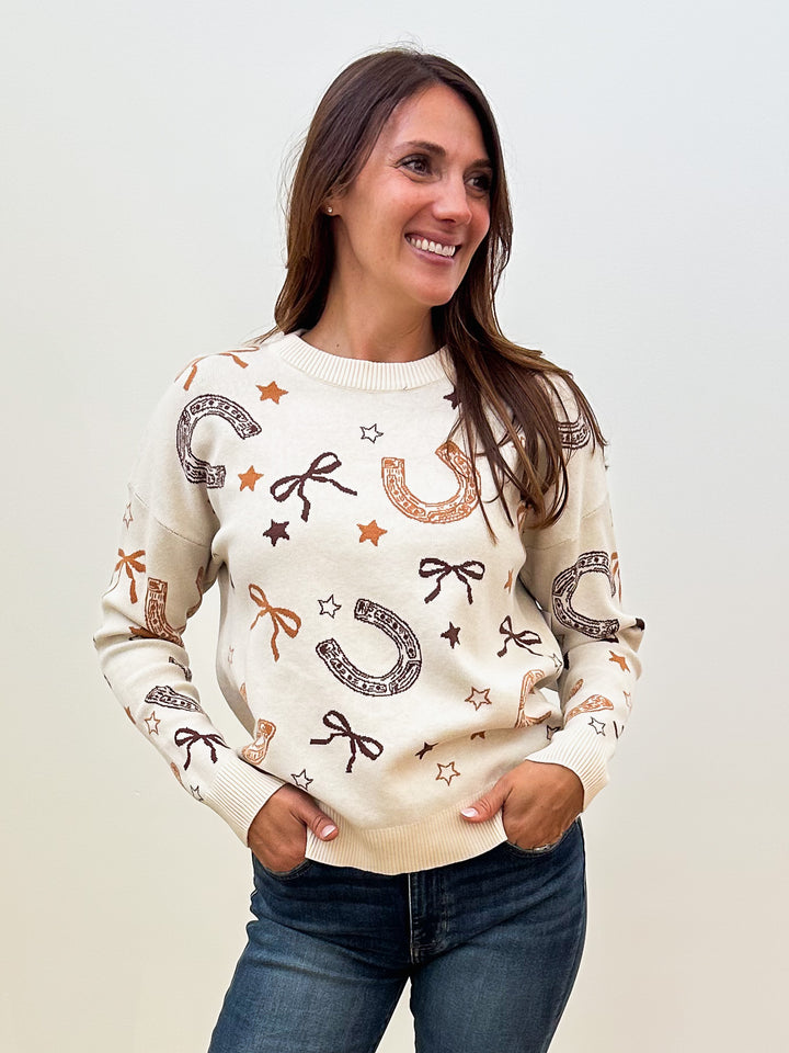 LONG SLEEVE CREW NECK WESTERN JACQUARD TOP - IVORY/CAMEL
