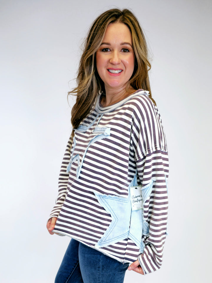 DENIM STAR PATCH STRIPED TOP - BLUE