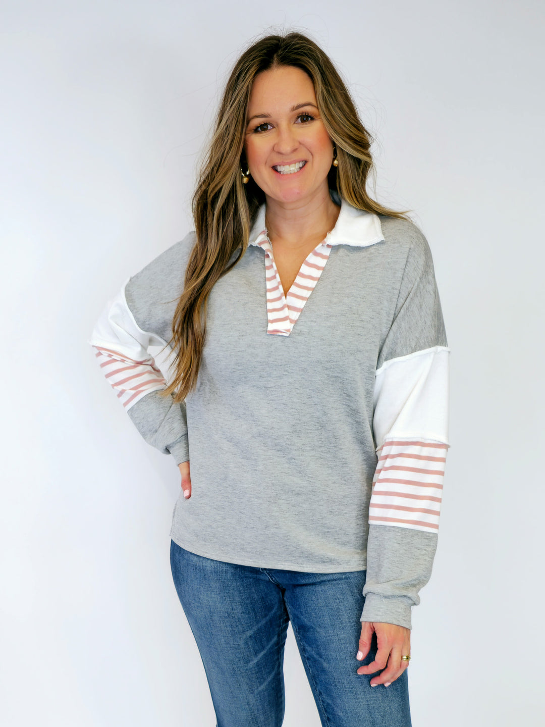 LONG SLEEVE COLOR BLOCK COLLARED TOP - PINK/GREY