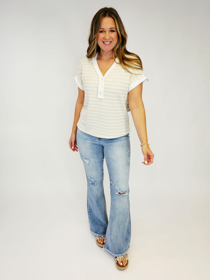 V-NECK BUTTON DETAIL STRIPED TOP - TAUPE