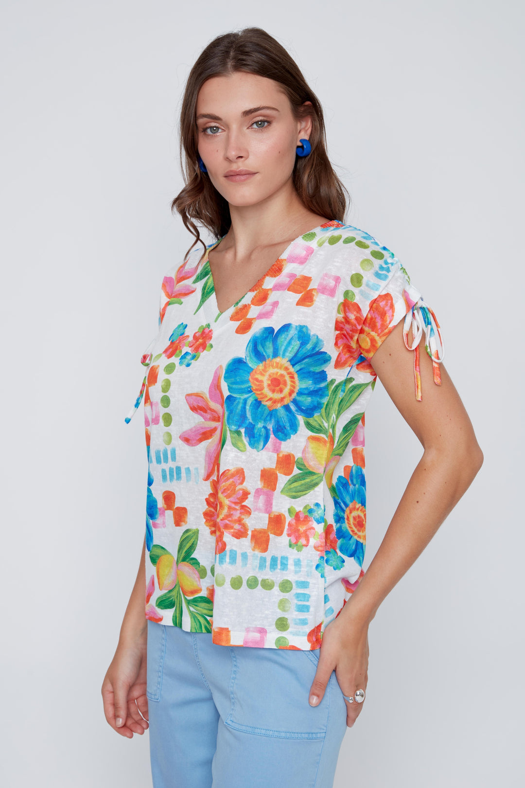SHORT SLEEVE BIG FLORAL PRINT TOP - BLUE/ORANGE