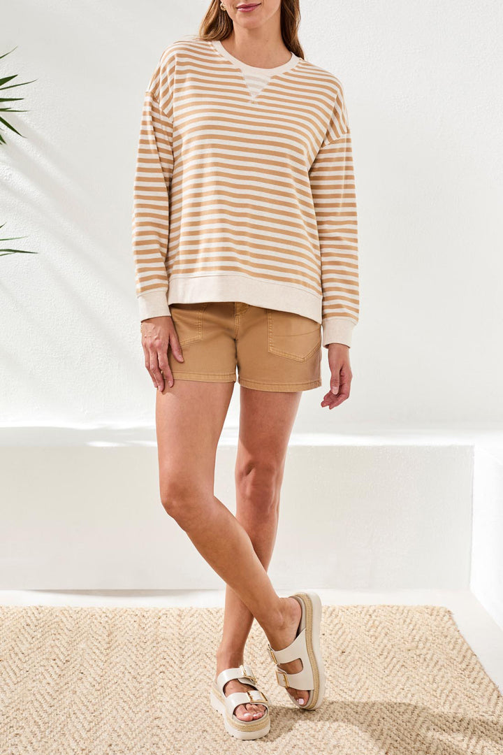 LONG SLEEVE CREW NECK STRIPED COMBO TOP  - SESAME